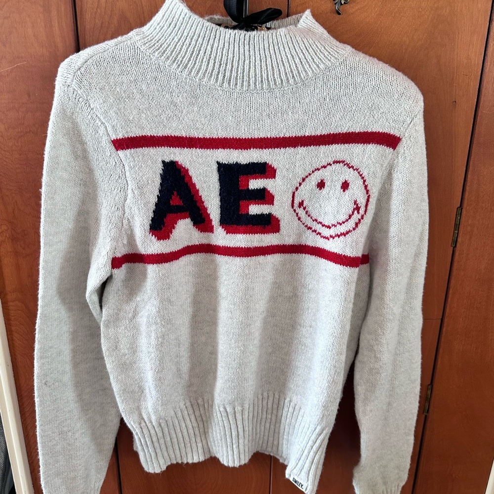 American Eagle Outfitters Light Gray Sweater with Red Details